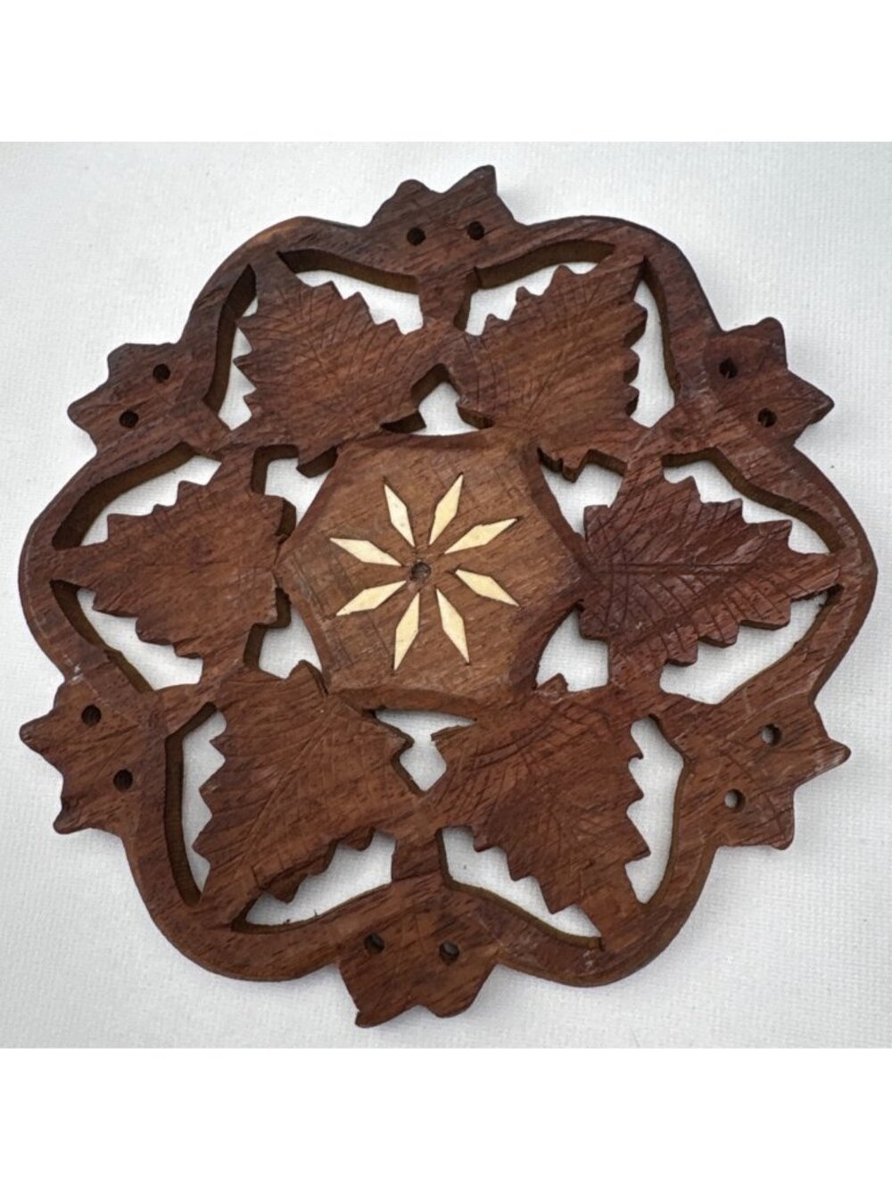 Hand-Carved Wooden Trivet Leaf Design Rustic Decor 6" Table Piece